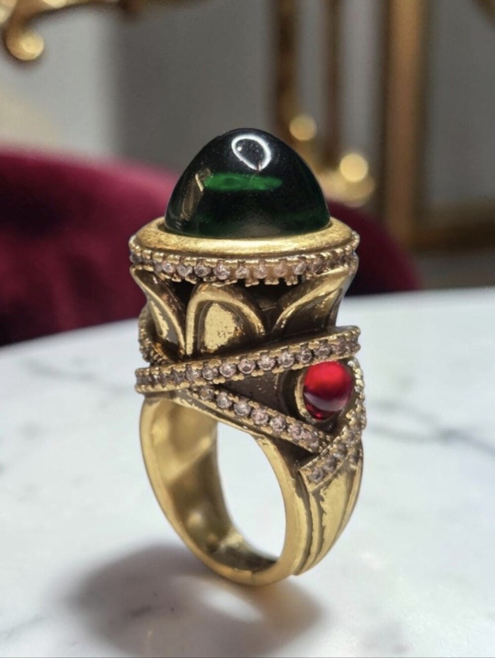 Antique Matte Gold Plated Massive Byzantine Emerald Ruby Glass Crystal Ring